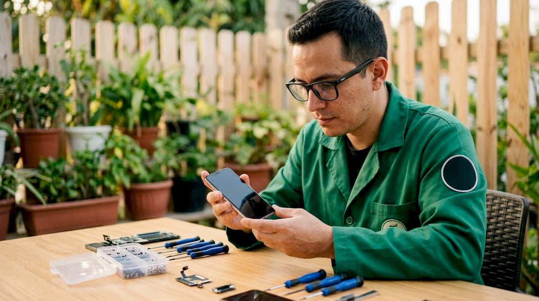 Technician inspecting replacement smartphone screen