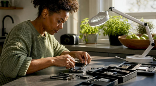 Woman assembling smartphone parts at workbench