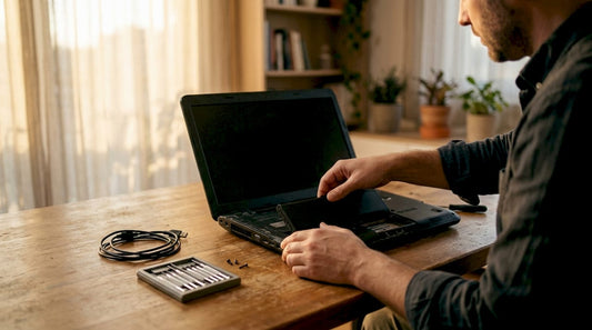 Hands removing a removable laptop battery