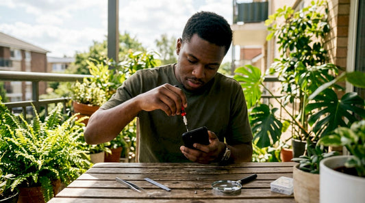 Man repairing broken iPhone speaker at home desk