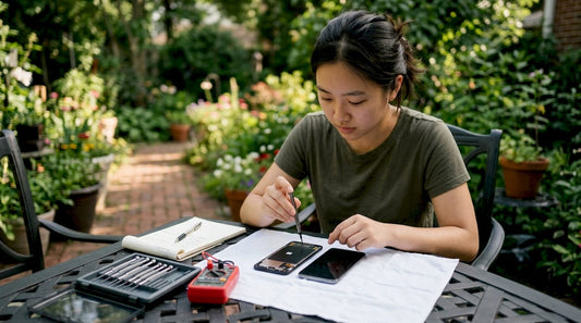 Woman examining disassembled AMOLED and LCD smartphone displays