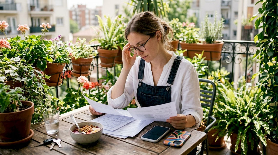 Person reviewing iPhone insurance documents in cafe