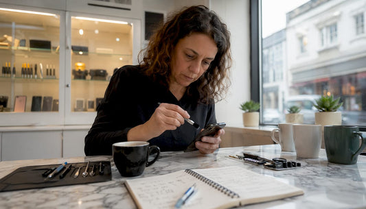 Technician inspecting water-damaged phone at workbench