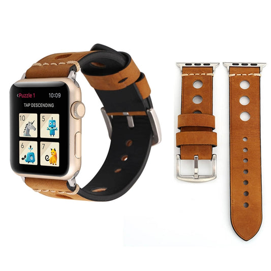 For Apple Watch Series 7 45mm / 6 & SE & 5 & 4 44mm / 42mm 3 & 2 & 1 Retro Hole Genuine Leather Wrist Watch Band(Brown) by buy2fix