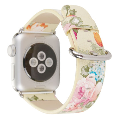 For Apple Watch Series 3 & 2 & 1 38mm New Style Chinese Ink Floral Pattern Genuine Leather Wrist Watch Band(Yellow) - Watch Bands by buy2fix | Online Shopping UK | buy2fix