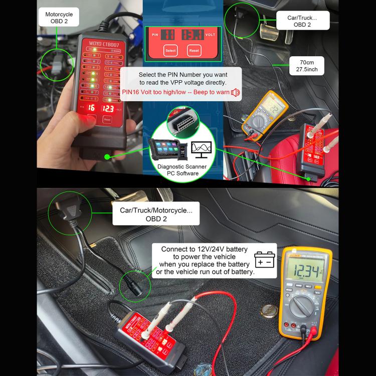 WOYO CTB007 CAN Tester Box 12V 24V OBD2 Breakout Box with 27 in / 59 in Cable Cable for All Car Automotive Diagnostic Tool (Black Red) - Code Readers & Scan Tools by buy2fix | Online Shopping UK | buy2fix