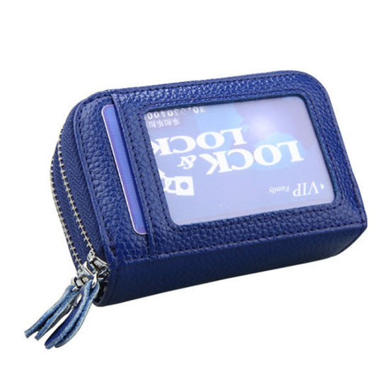Genuine Leather Dual Layer Zipper Card Holder Wallet RFID Blocking Purse, Size: 10.5x7.0x4.0cm(Blue) by buy2fix