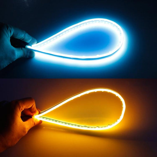 2 PCS 30 cm DC12V 4.2W Ultra-mince Voiture Auto Double Couleurs Clignotants/Feux de Course, avec Perles de Lampe LED SMD-2835 (Clignotants: Lumière Jaune; Feux de Course: Lumière Bleu Glace)