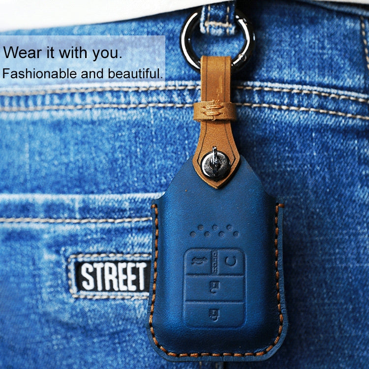 For Honda Car Cowhide Leather Key Protective Cover Key Case, Four Keys Version (Blue) by buy2fix