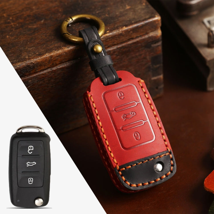 For Volkswagen Car Cowhide Leather Key Protective Cover Key Case, D Version(Red) by buy2fix