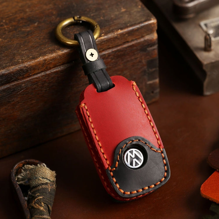 For Volkswagen Car Cowhide Leather Key Protective Cover Key Case, D Version(Red) by buy2fix
