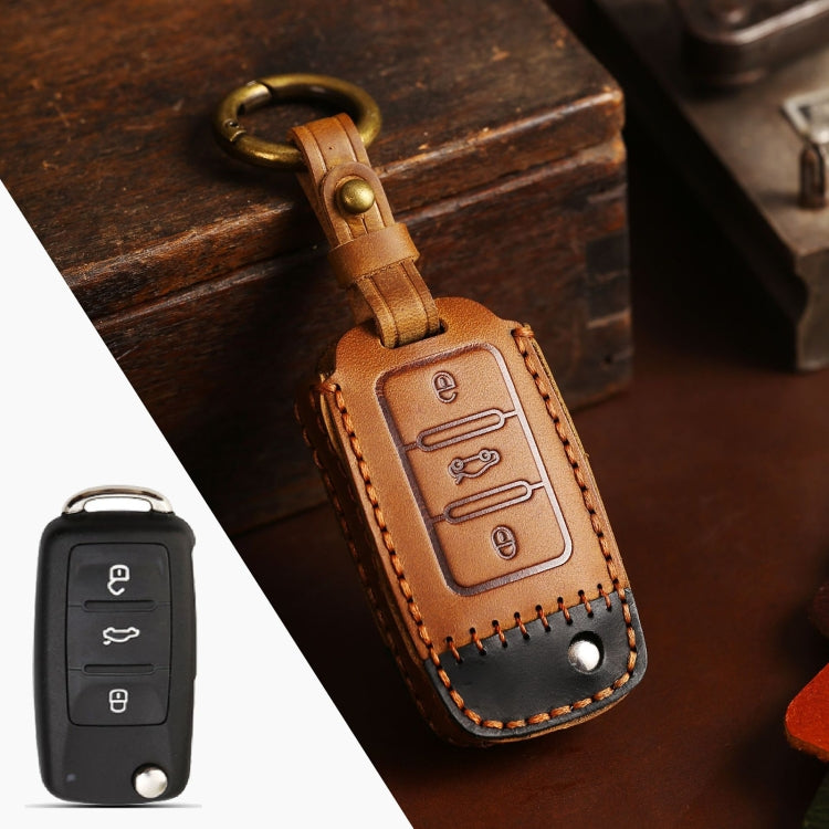 For Volkswagen Car Cowhide Leather Key Protective Cover Key Case, D Version(Brown) by buy2fix