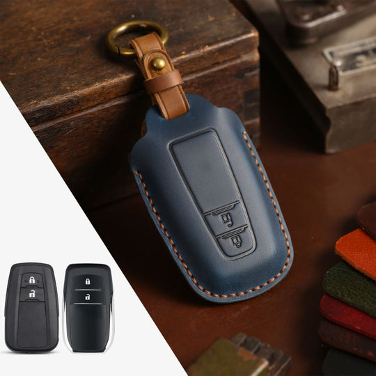 For Toyota Car Cowhide Leather Key Protective Cover Key Case, Two Keys Version(Blue)