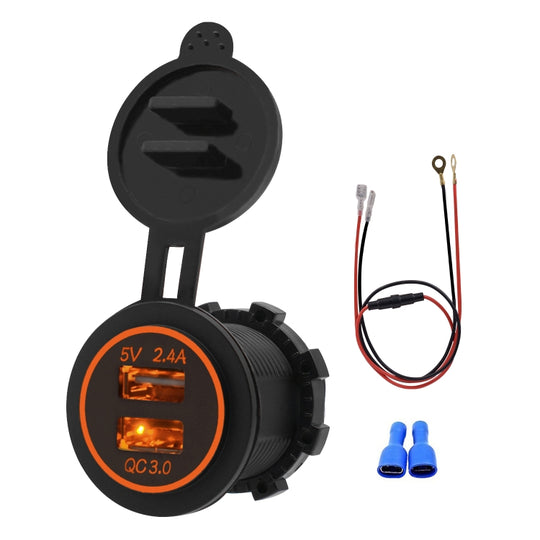 Universal Car QC3.0 Dual Port USB Charger Power Outlet Adapter 5V 2.4A IP66 with 60cm Cable(Orange Light)