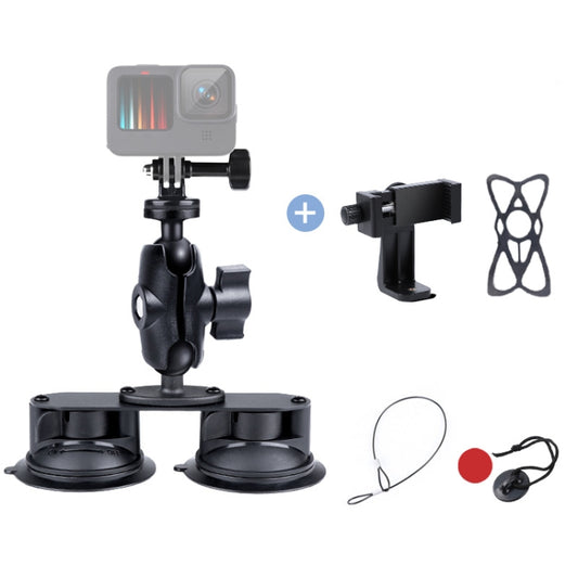 Dual Suction Cup Mount Holder with Tripod Adapter & Screw & Phone Clamp & Anti-lost Silicone Net for for GoPro, Insta360, DJI and Other Action Cameras, Smartphones(Black) by buy2fix
