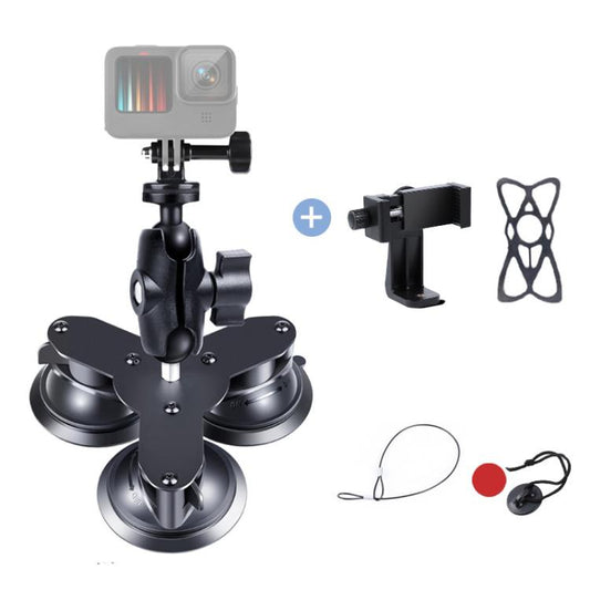 Triangle Suction Cup Mount Holder with Tripod Adapter & Screw & Phone Clamp & Anti-lost Silicone Net for for GoPro, Insta360, DJI and Other Action Cameras, Smartphones(Black) by buy2fix