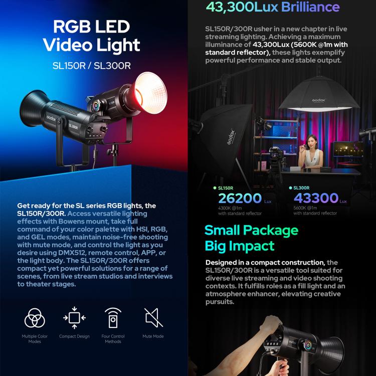 Godox SL300R RGB LED Video Light 310W CRI/TLCI 97+ COB Monolight Bowens Mount Studio Photo Light (UK Plug) - Shoe Mount Flashes by Godox | Online Shopping UK | buy2fix