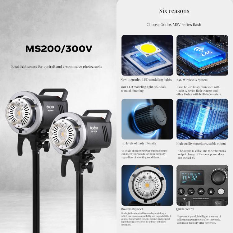Godox MS300-V Studio Flash Light 300Ws Bowens Mount Strobe Light with Lamp Cover (AU Plug) - Shoe Mount Flashes by Godox | Online Shopping UK | buy2fix