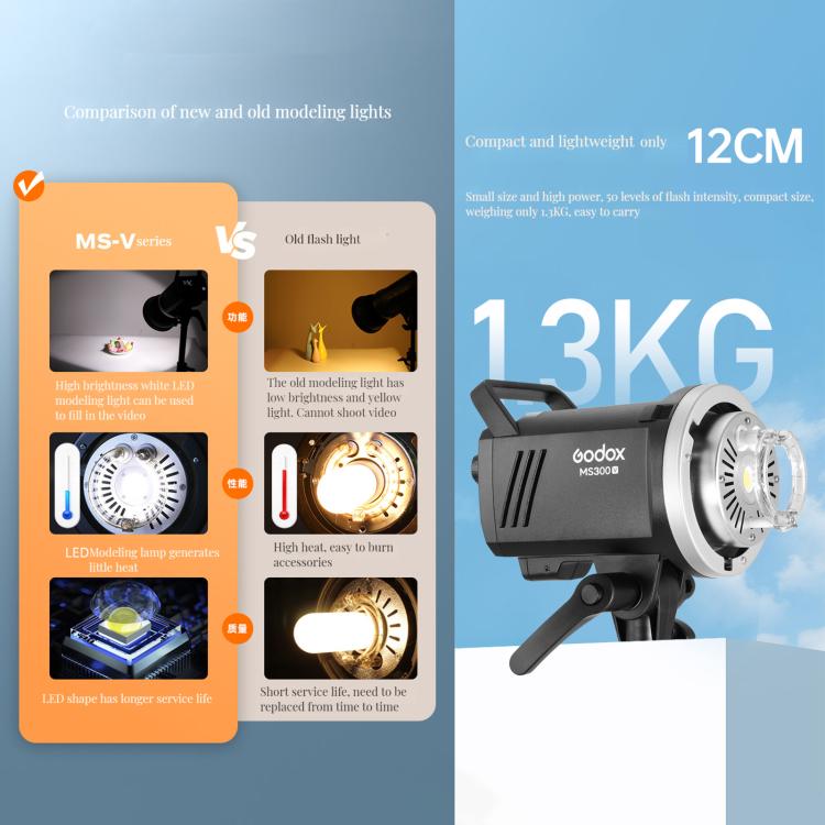 Godox MS300-V Studio Flash Light 300Ws Bowens Mount Strobe Light with Lamp Cover (US Plug) - Shoe Mount Flashes by Godox | Online Shopping UK | buy2fix