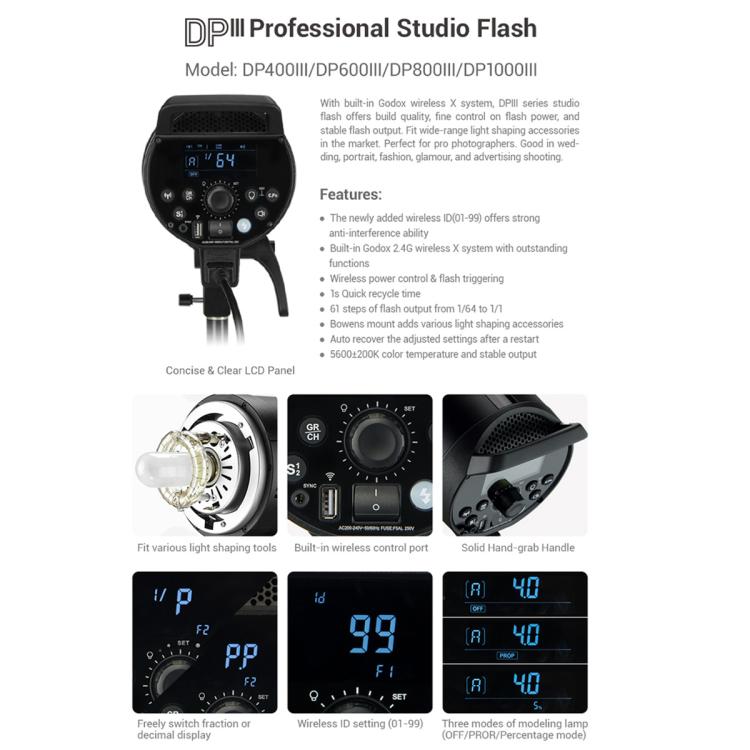 Godox DP800III Studio Flash Photo Light 800Ws 2.4G Wireless X System Bowens Mount Strobe Light, No Lamp Cover (US Plug) - Shoe Mount Flashes by Godox | Online Shopping UK | buy2fix