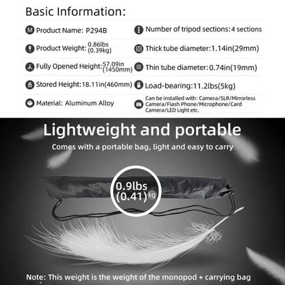 BEXIN P294B Portable Travel Outdoor DSLR Camera Aluminum Alloy Monopod Holder (Black) - Monopods by BEXIN | Online Shopping UK | buy2fix