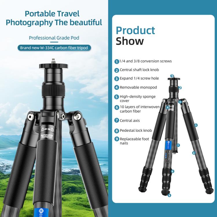 BEXIN W-334C Portable DSLR Camera 2 in 1 Carbon Fiber Tripod Detachable Monopod (Black) - Monopods by BEXIN | Online Shopping UK | buy2fix