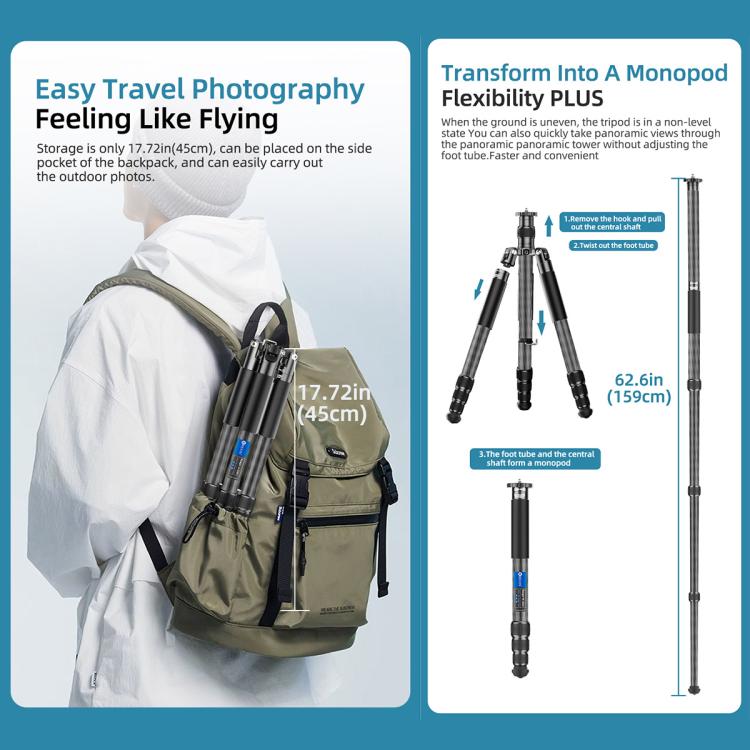 BEXIN W-334C Portable DSLR Camera 2 in 1 Carbon Fiber Tripod Detachable Monopod (Black) - Monopods by BEXIN | Online Shopping UK | buy2fix