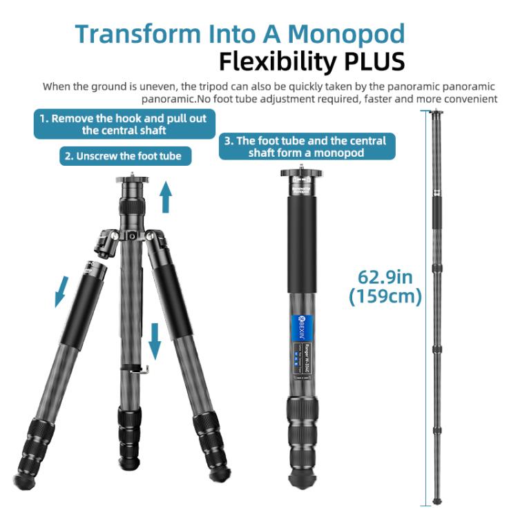 BEXIN W-334C Portable DSLR Camera 2 in 1 Carbon Fiber Tripod Detachable Monopod (Black) - Monopods by BEXIN | Online Shopping UK | buy2fix