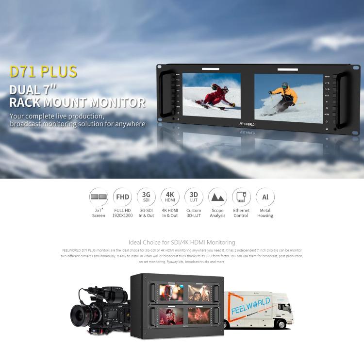 FEELWORLD D71 PLUS Dual 7 inch 3RU Rackmount Monitor 4K HDMI SDI 1920 x 1200 IPS Monitor (EU Plug) - On-camera Monitors by FEELWORLD | Online Shopping UK | buy2fix