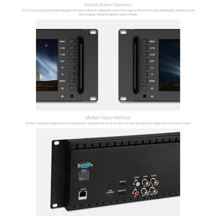 FEELWORLD D71 PLUS Dual 7 inch 3RU Rackmount Monitor 4K HDMI SDI 1920 x 1200 IPS Monitor (EU Plug) - On-camera Monitors by FEELWORLD | Online Shopping UK | buy2fix