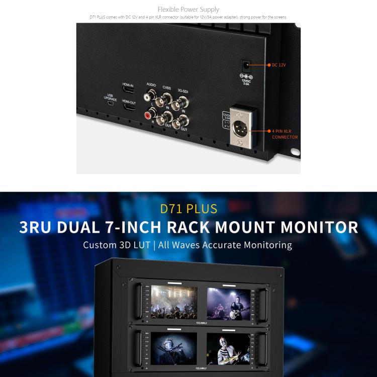 FEELWORLD D71 PLUS Dual 7 inch 3RU Rackmount Monitor 4K HDMI SDI 1920 x 1200 IPS Monitor (US Plug) - On-camera Monitors by FEELWORLD | Online Shopping UK | buy2fix