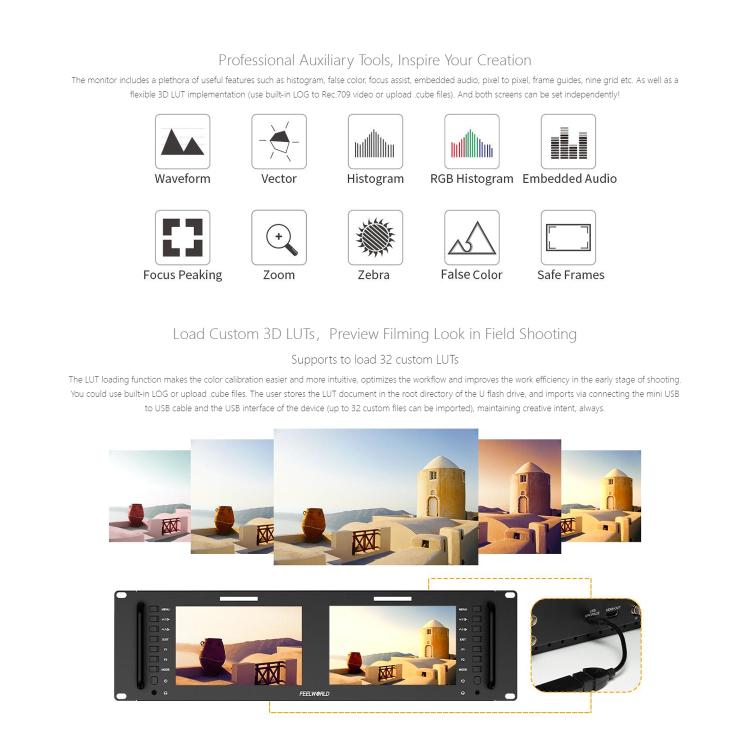 FEELWORLD D71 PLUS Dual 7 inch 3RU Rackmount Monitor 4K HDMI SDI 1920 x 1200 IPS Monitor (EU Plug) - On-camera Monitors by FEELWORLD | Online Shopping UK | buy2fix