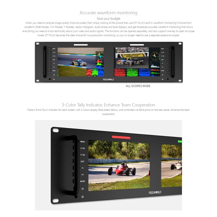 FEELWORLD D71 PLUS Dual 7 inch 3RU Rackmount Monitor 4K HDMI SDI 1920 x 1200 IPS Monitor (US Plug) - On-camera Monitors by FEELWORLD | Online Shopping UK | buy2fix