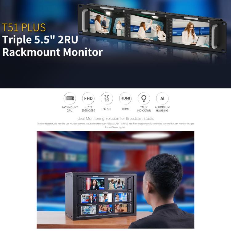 FEELWORLD T51 PLUS Triple 5.5 inch 2RU Rackmount Monitor Full HD 3G-SDI 4KHDMI AV Monitor (UK Plug) - On-camera Monitors by FEELWORLD | Online Shopping UK | buy2fix