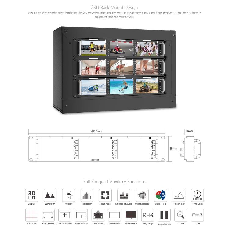FEELWORLD T51 PLUS Triple 5.5 inch 2RU Rackmount Monitor Full HD 3G-SDI 4KHDMI AV Monitor (US Plug) - On-camera Monitors by FEELWORLD | Online Shopping UK | buy2fix