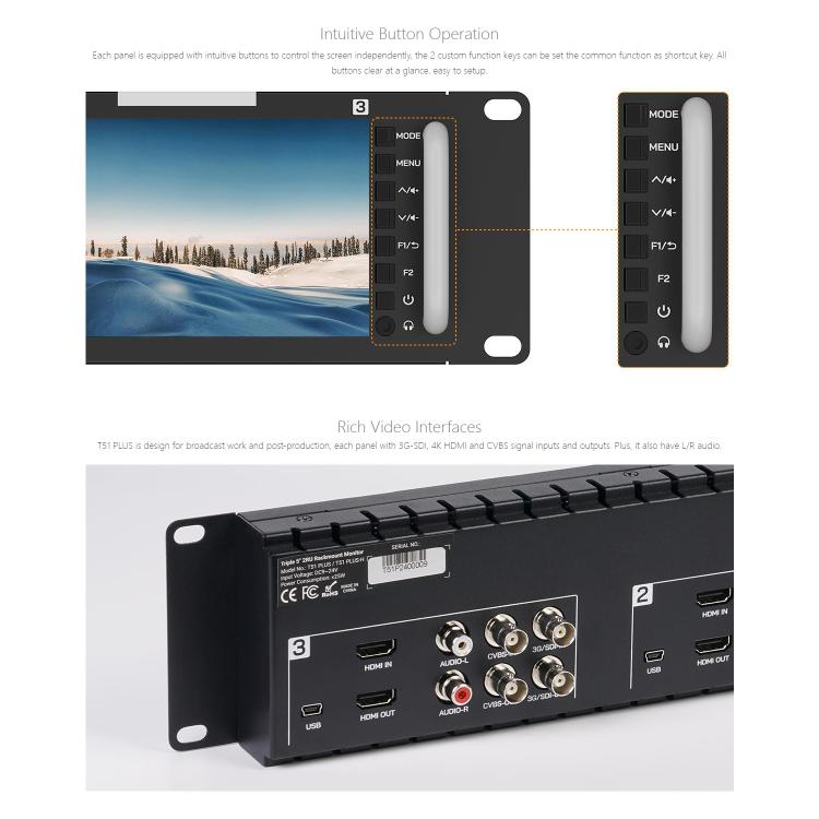 FEELWORLD T51 PLUS Triple 5.5 inch 2RU Rackmount Monitor Full HD 3G-SDI 4KHDMI AV Monitor (EU Plug) - On-camera Monitors by FEELWORLD | Online Shopping UK | buy2fix