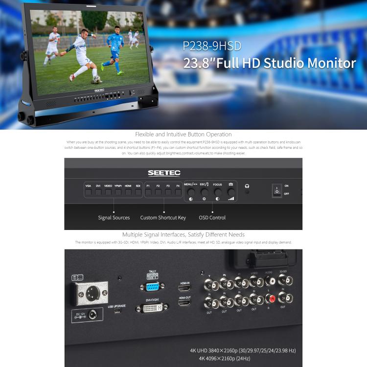 SEETEC P238-9HSD 23.8 inch 3G-SDI 4K HDMI Pro Broadcast LCD Monitor IPS Full HD 1920x1080 Monitor (EU Plug) - On-camera Monitors by SEETEC | Online Shopping UK | buy2fix