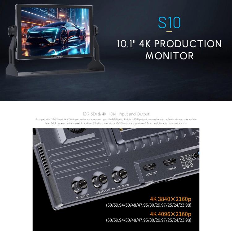 FEELWORLD S10 10.1 inch 12G SDI HDMI2.0 Camera Field Monitor High Brightness 1200nit Touchscreen Monitor (Black) - On-camera Monitors by FEELWORLD | Online Shopping UK | buy2fix