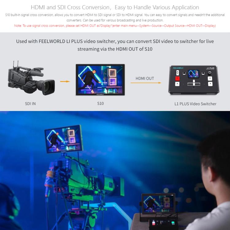 FEELWORLD S10 10.1 inch 12G SDI HDMI2.0 Camera Field Monitor High Brightness 1200nit Touchscreen Monitor (Black) - On-camera Monitors by FEELWORLD | Online Shopping UK | buy2fix