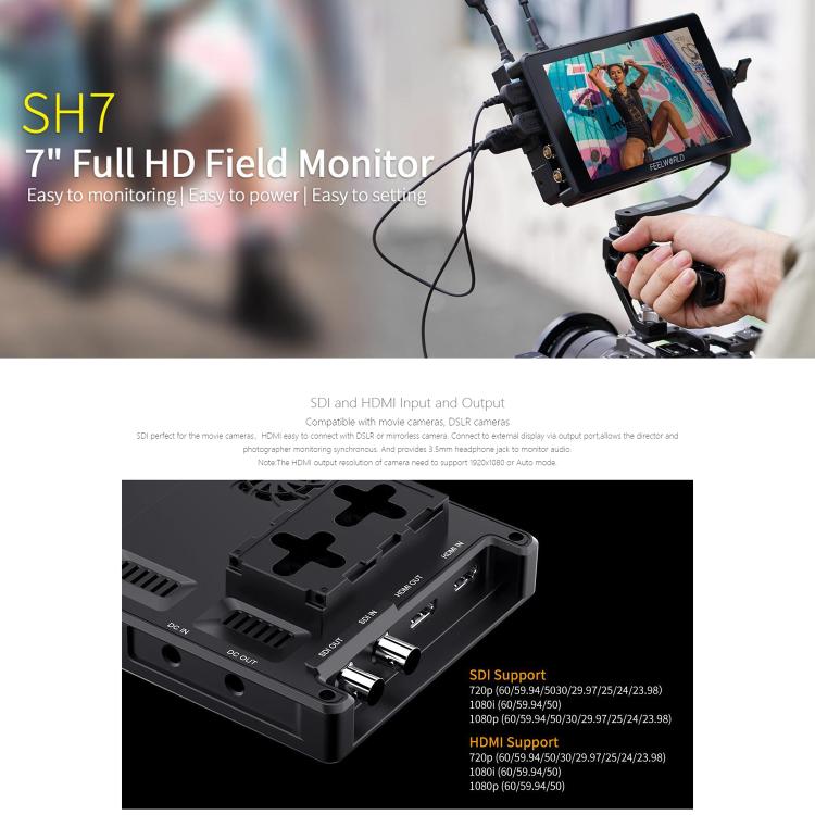 FEELWORLD SH7 7 inch Ultra Bright 2200nit On-camera Monitor SDI HDMI Cross Conversion Monitor (Black) - On-camera Monitors by FEELWORLD | Online Shopping UK | buy2fix