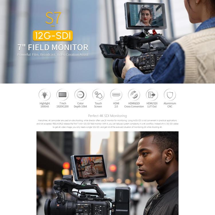 FEELWORLD S7 7 inch 12G SDI HDMI2.0 Camera Field Monitor High Brightness1600nit Touchscreen Monitor (Black) - On-camera Monitors by FEELWORLD | Online Shopping UK | buy2fix