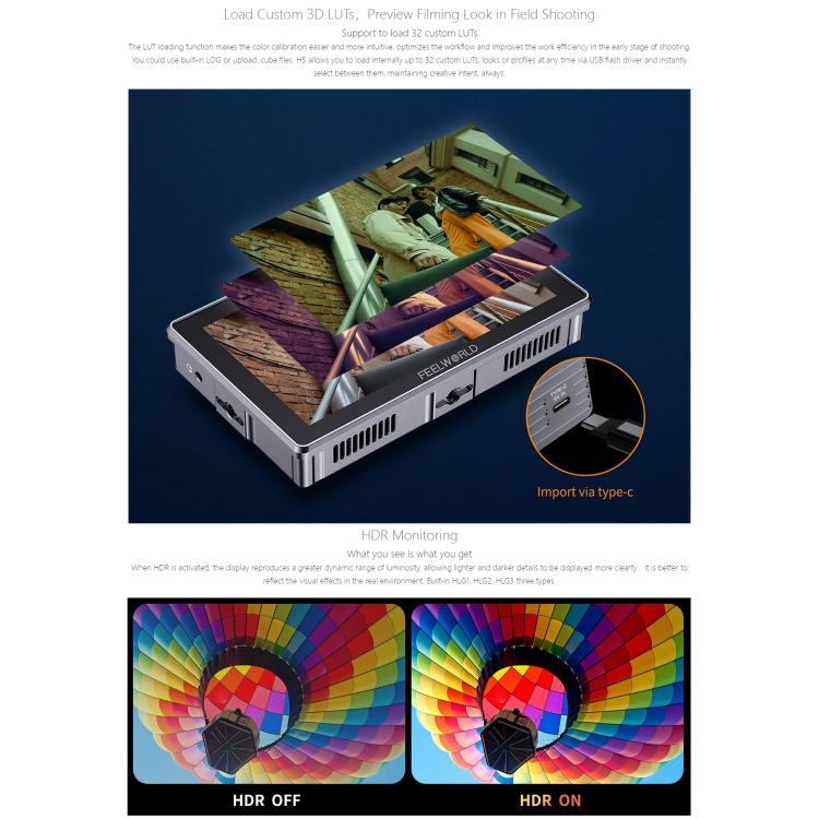 FEELWORLD H5 5.5 inch 12G SDI HDMI 2.0 Camera Field Monitor High Brightness 1200nit Touchscreen Monitor (Black) - On-camera Monitors by FEELWORLD | Online Shopping UK | buy2fix