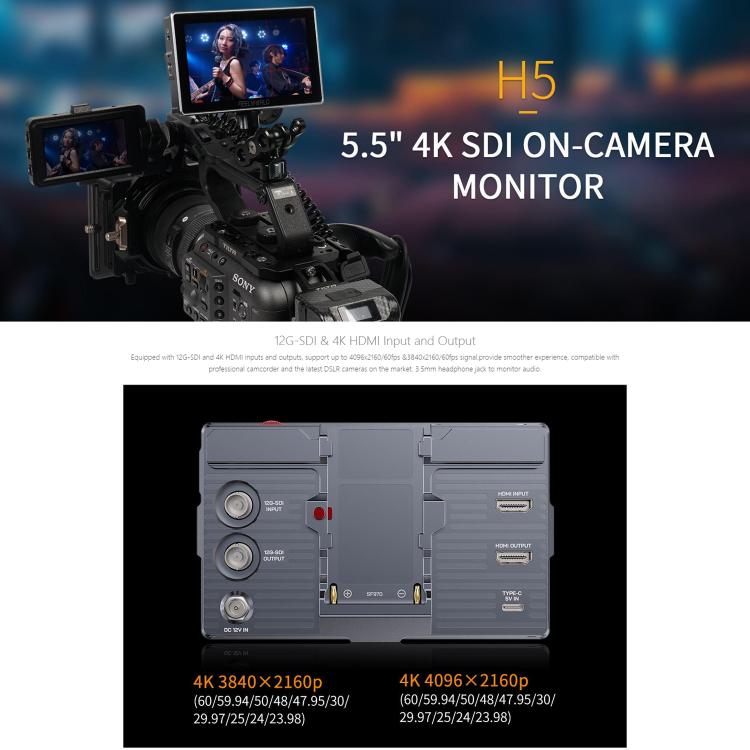 FEELWORLD H5 5.5 inch 12G SDI HDMI 2.0 Camera Field Monitor High Brightness 1200nit Touchscreen Monitor (Black) - On-camera Monitors by FEELWORLD | Online Shopping UK | buy2fix