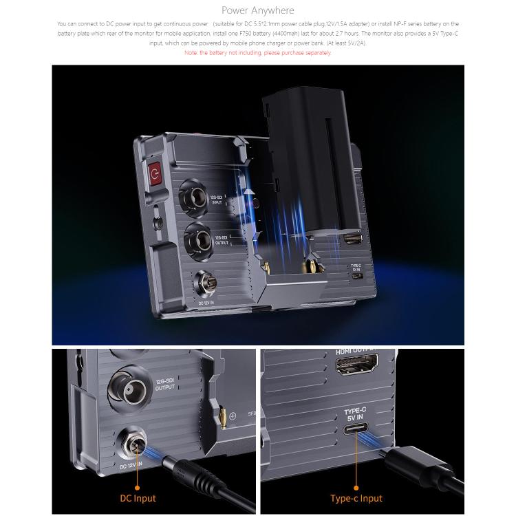 FEELWORLD H5 5.5 inch 12G SDI HDMI 2.0 Camera Field Monitor High Brightness 1200nit Touchscreen Monitor (Black) - On-camera Monitors by FEELWORLD | Online Shopping UK | buy2fix