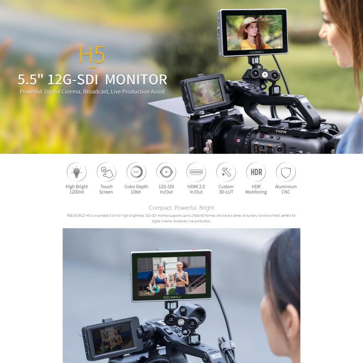 FEELWORLD H5 5.5 inch 12G SDI HDMI 2.0 Camera Field Monitor High Brightness 1200nit Touchscreen Monitor (Black) - On-camera Monitors by FEELWORLD | Online Shopping UK | buy2fix