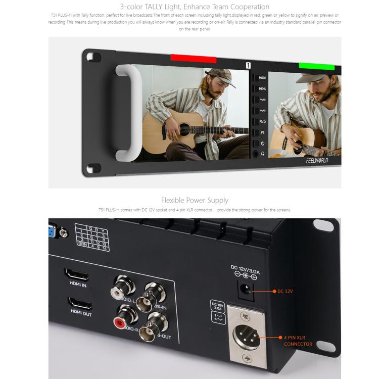 FEELWORLD T51 PLUS-H Triple 5.5 inch 2RU Rackmount Monitor Full HD 4K HDMI SDI AV Monitor (UK Plug) - On-camera Monitors by FEELWORLD | Online Shopping UK | buy2fix