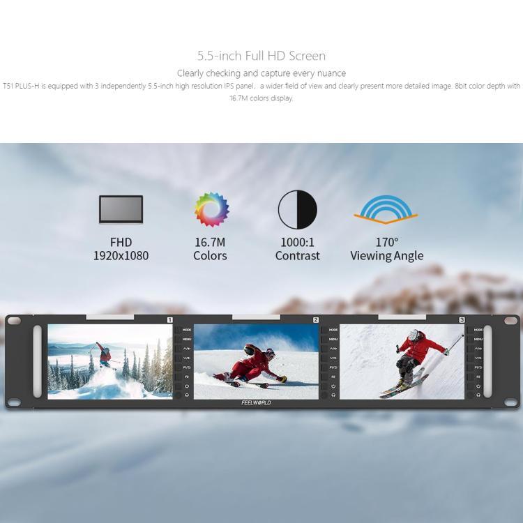 FEELWORLD T51 PLUS-H Triple 5.5 inch 2RU Rackmount Monitor Full HD 4K HDMI SDI AV Monitor (EU Plug) - On-camera Monitors by FEELWORLD | Online Shopping UK | buy2fix
