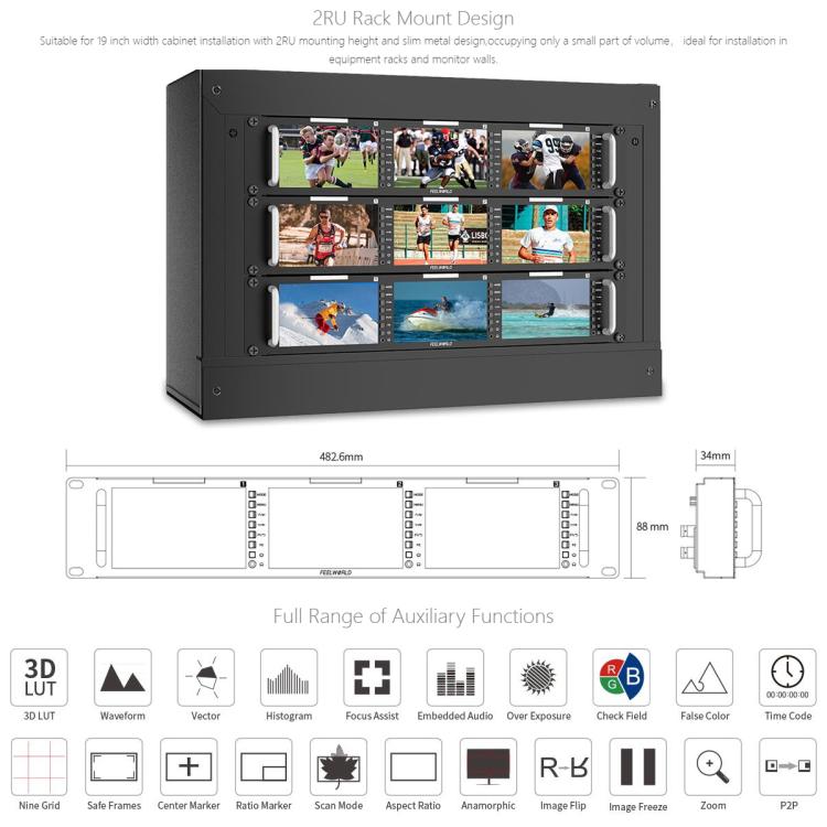 FEELWORLD T51 PLUS-H Triple 5.5 inch 2RU Rackmount Monitor Full HD 4K HDMI SDI AV Monitor (US Plug) - On-camera Monitors by FEELWORLD | Online Shopping UK | buy2fix