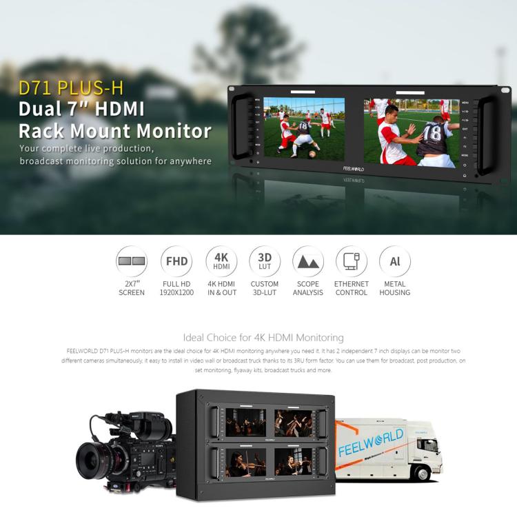 FEELWORLD D71 PLUS-H Dual 7 inch 3RU Rackmount Monitor 4K HDMI 1920 x 1200 IPS Monitor (US Plug) - On-camera Monitors by FEELWORLD | Online Shopping UK | buy2fix