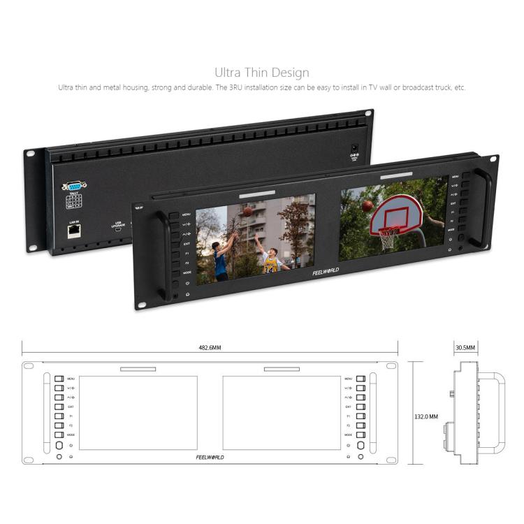 FEELWORLD D71 PLUS-H Dual 7 inch 3RU Rackmount Monitor 4K HDMI 1920 x 1200 IPS Monitor (US Plug) - On-camera Monitors by FEELWORLD | Online Shopping UK | buy2fix